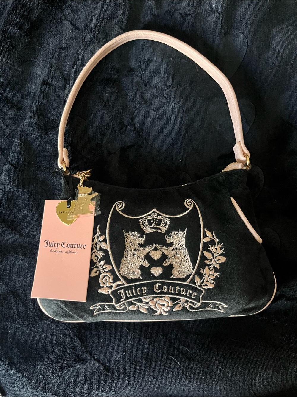 Juicy Couture Black Velvet Shoulder Bag with Pale Pink Handle